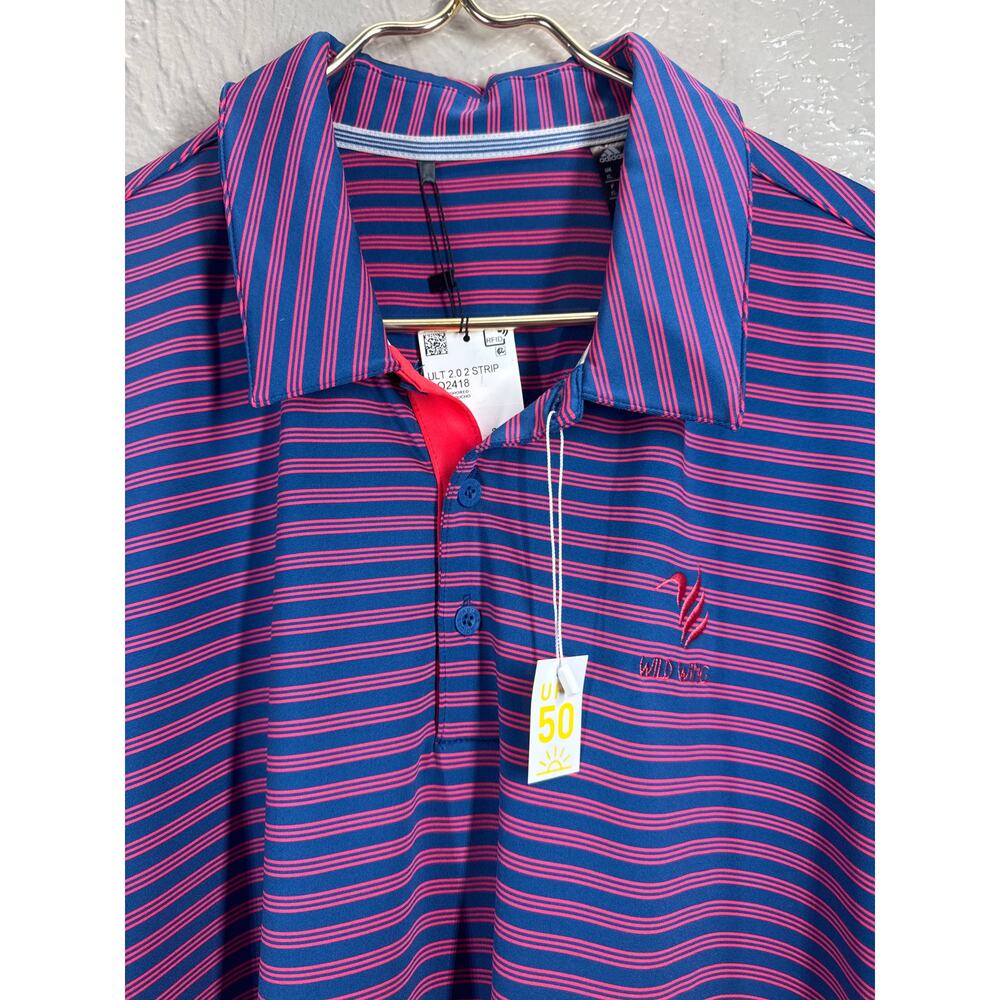 Adidas Wild Wings Country Club Pink Blue Stripe UPF 50 Polo Shirt‎ Mens Size XL